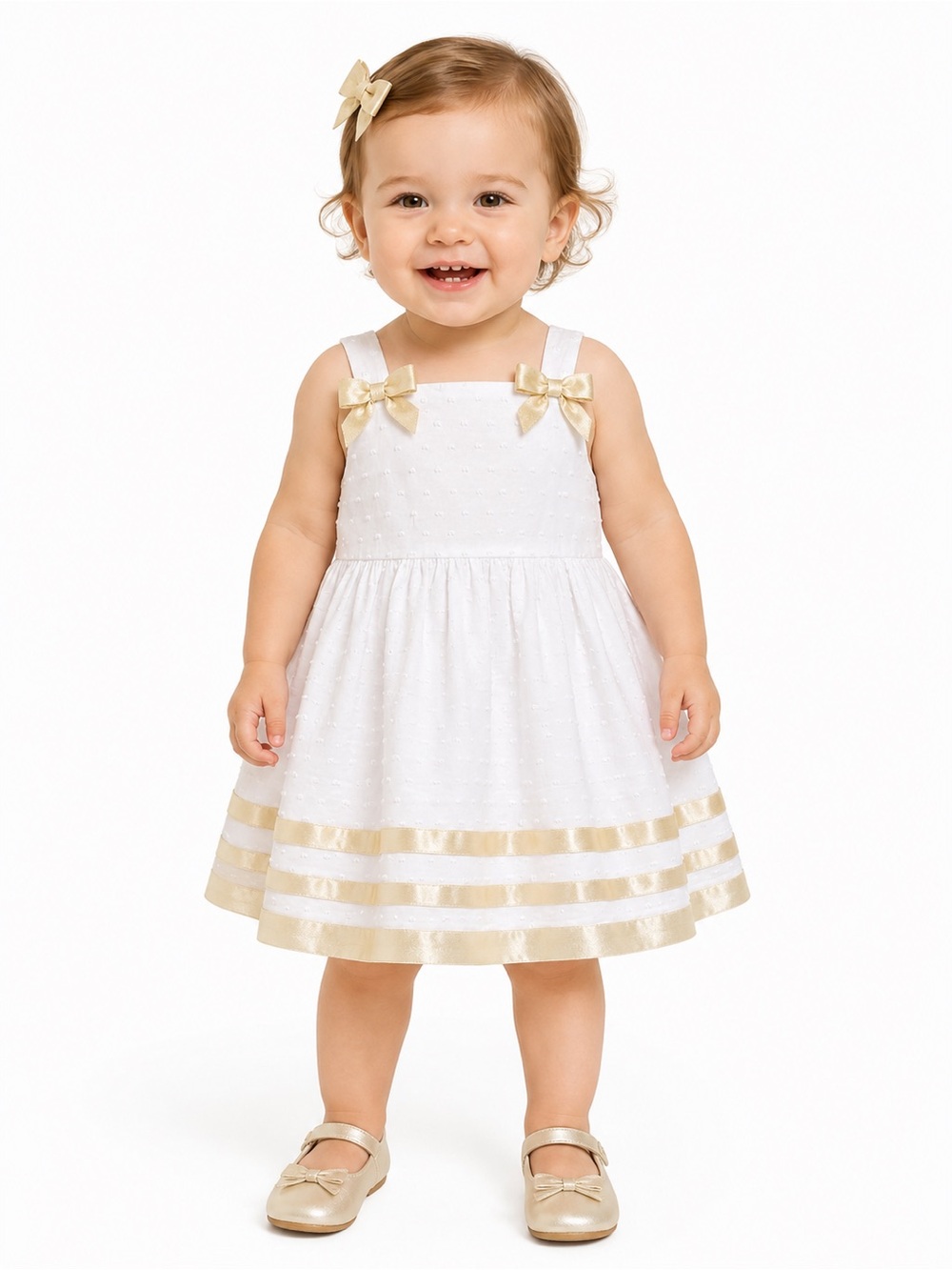 Bonnie Baby White Dress with Gold Bow Trim